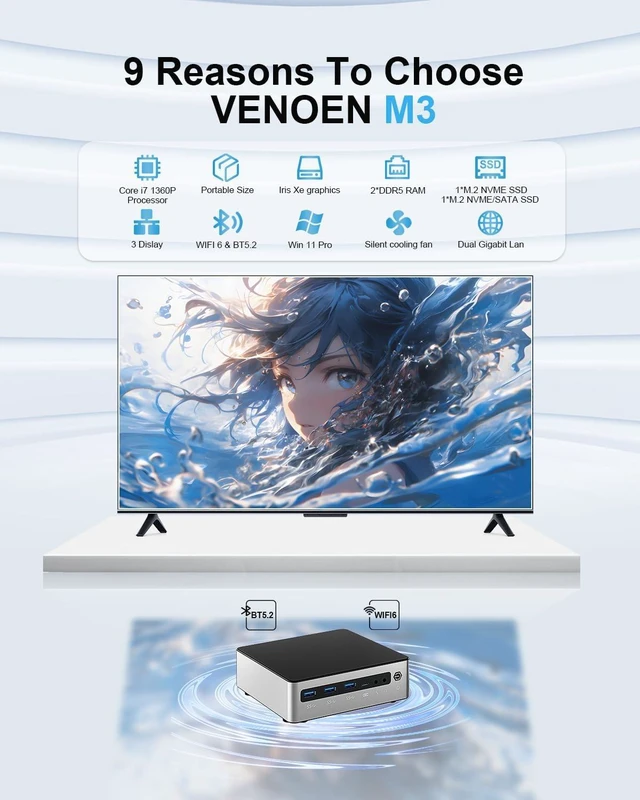 Alt view image 5 of 7 - VENOEN Mini PC 13th Gen i7 1360P NUC 13 Pro Mini Computer(12C/16T), 8GB DDR5 500GB NVME SSD W11 Pro Mini Desktop PC, HD/DP/USB-C Triple Display, Wi-Fi 6, BT 5.2, Home Office Business PC