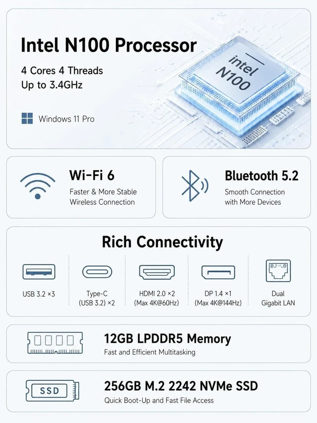 Alt view image 2 of 7 - Mini PC N100 (Turbo 3.4GHz), 12GB LPDDR5 RAM 256GB M.2 SSD Small Desktop Computer, 4K HDMI DP/3 x USB3.2 Wi-Fi 6/BT 5.2, HTPC/Business Office Micro Pc