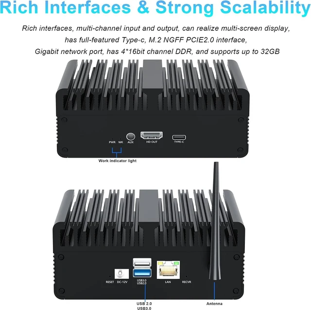 Alt view image 7 of 7 - Desktop Computer, Fanless Industrial Mini PC Equipped with Rockchip RK3588 Intelligent Computing chip RK3588S Built-in 8-core ARM, Dual-Band WiFi Bluetooth, HDMI/ VGA Ports, Gigabit LAN, Metal Case