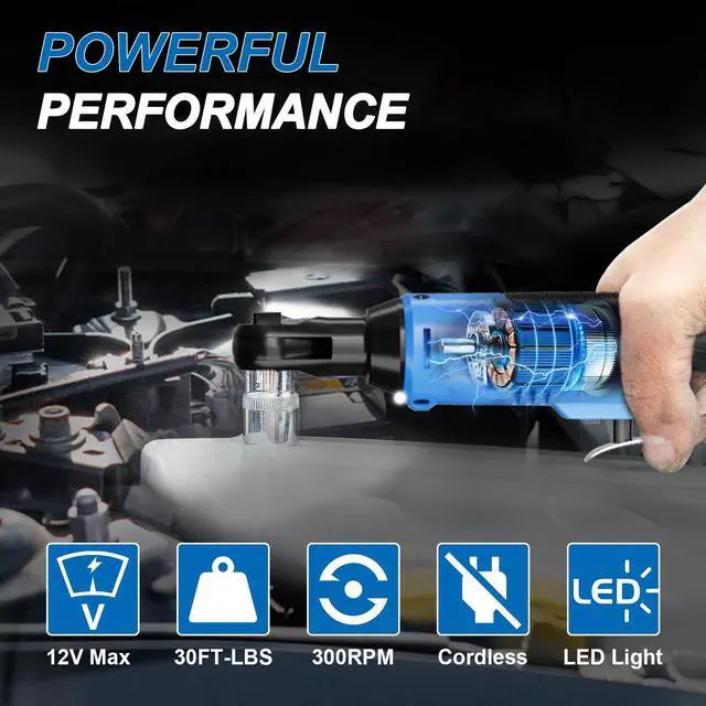 Alt view image 12 of 17 - 3/8" Electric Ratchet Wrench Set 30 Ft-lbs Cordless Ratchet Wrench 300 RPM Power Ratchet Tool Kit with 2 x 2000mAh Lithium-Ion Battery, Fast Charger, 7 Sockets and 3" Extension Bar