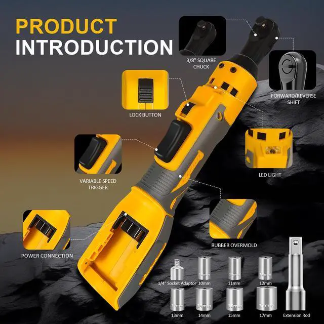 Alt view image 14 of 14 - Cordless Ratchet Wrench for Dewalt 20V Battery, 3/8" Electric Ratchet Set 45 Ft-lbs (60 N.m), Variable Speed control, 580RPM Power, 8 Sockets (9/10/11/12/13/14/15/17mm) - No Battery