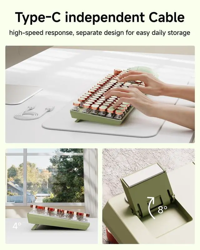 Alt view image 13 of 14 - EWEADN Typewriter Style Mechanical Keyboard, Wired Typewriter Keyboards,104 Keys Backlit LED Metal Keyboards, Media Control Knob, Wired Computer Keyboard Pink Switch for Windows/Mac/PC-Green