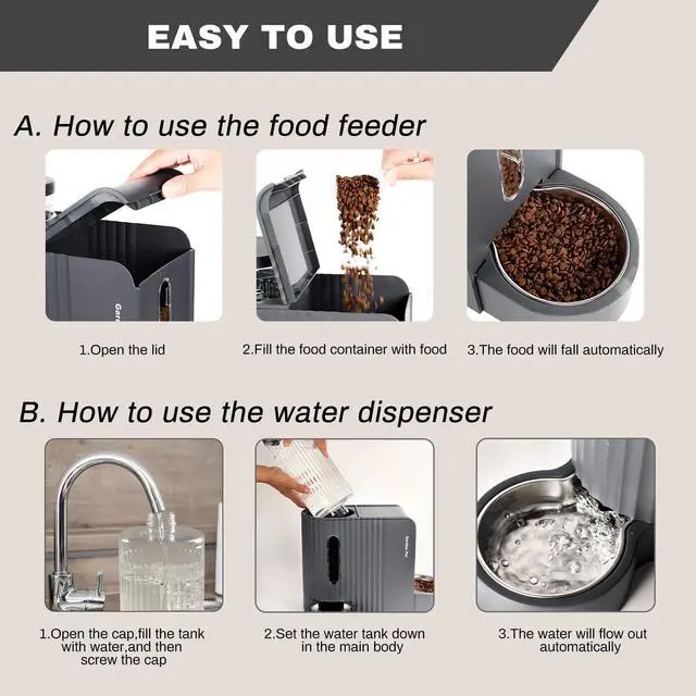 Alt view image 12 of 14 - Gravity Cat Food Feeder and Water Dispenser Stainless Steel Bowls Two-in-One Set Large Capacity Automatic Feeder for Pets Dogs, Puppies, Kittens-(0.8 Gallons x 2)