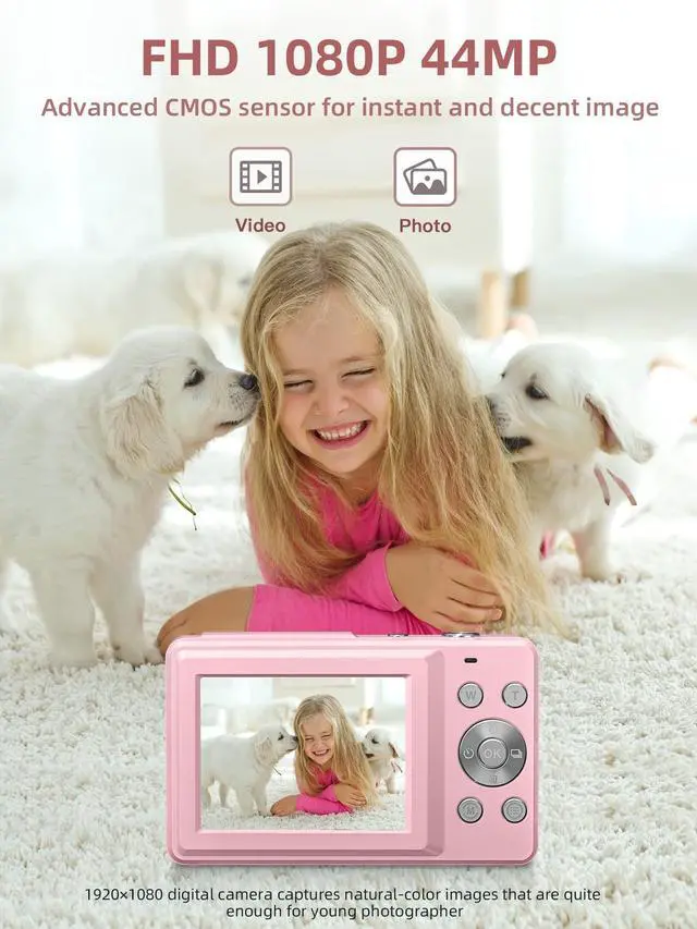 Alt view image 7 of 10 - Digital Camera, FHD 1080P Digital Point and Shoot Camera with 16X Zoom Anti Shake, 32GB Card, Compact Small Camera for Boys Girls Kids, Pink
