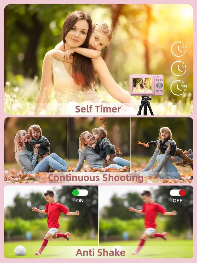 Alt view image 10 of 10 - Digital Camera, FHD 1080P Digital Point and Shoot Camera with 16X Zoom Anti Shake, 32GB Card, Compact Small Camera for Boys Girls Kids, Pink