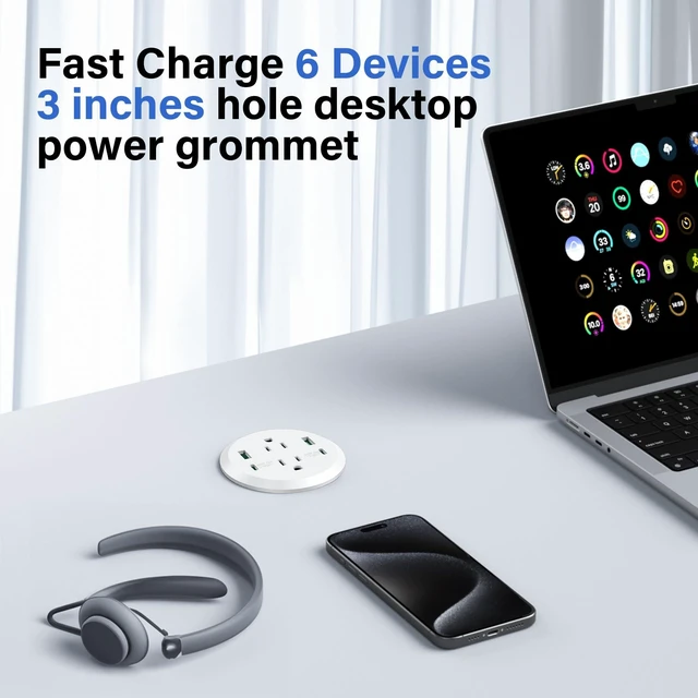 Alt view image 3 of 7 - Desktop Power Grommet,GaN 65W USB C Fast Charging Station,2 AC Outlets,4 USB Ports in to the Top,Flush Mount Power Grommet 3'' Hole,Countertop Recessed Outlet White