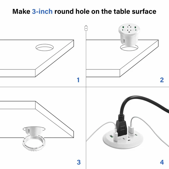 Alt view image 6 of 7 - Desktop Power Grommet,GaN 65W USB C Fast Charging Station,2 AC Outlets,4 USB Ports in to the Top,Flush Mount Power Grommet 3'' Hole,Countertop Recessed Outlet White
