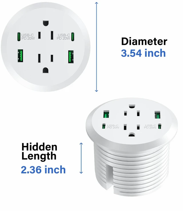 Alt view image 7 of 7 - Desktop Power Grommet,GaN 65W USB C Fast Charging Station,2 AC Outlets,4 USB Ports in to the Top,Flush Mount Power Grommet 3'' Hole,Countertop Recessed Outlet White