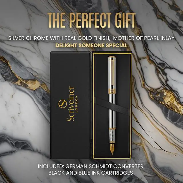 Alt view image 3 of 7 - Scriveiner Silver Chrome Fountain Pen - Stunning Luxury Pen, Real Gold Finish, Schmidt Gilded Nib (Fine), Best Gift Set for Men & Women Professional Executive Office Fancy Nice Designer Pen