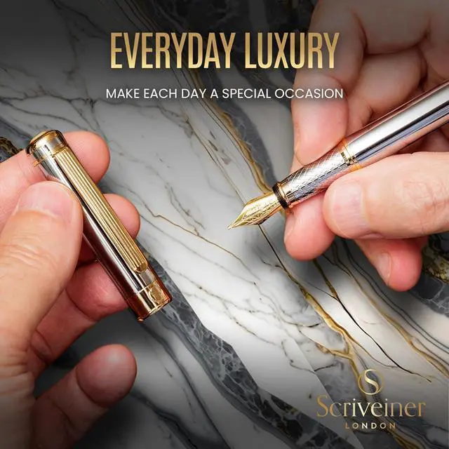 Alt view image 7 of 7 - Scriveiner Silver Chrome Fountain Pen - Stunning Luxury Pen, Real Gold Finish Schmidt Gilded Nib (Medium), Best Pen Gift Set for Men & Women, Professional, Executive Office, Nice Pens