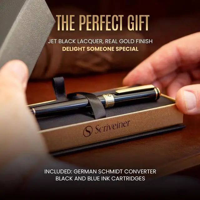 Alt view image 3 of 7 - Scriveiner Luxury Fountain Pen - Stunning Black Lacquer Pen, Real Gold Finish, Schmidt Gilded Nib (Fine), Converter, Best Pen Gift Set for Men & Women, Professional, Executive, Office, Nice Pens