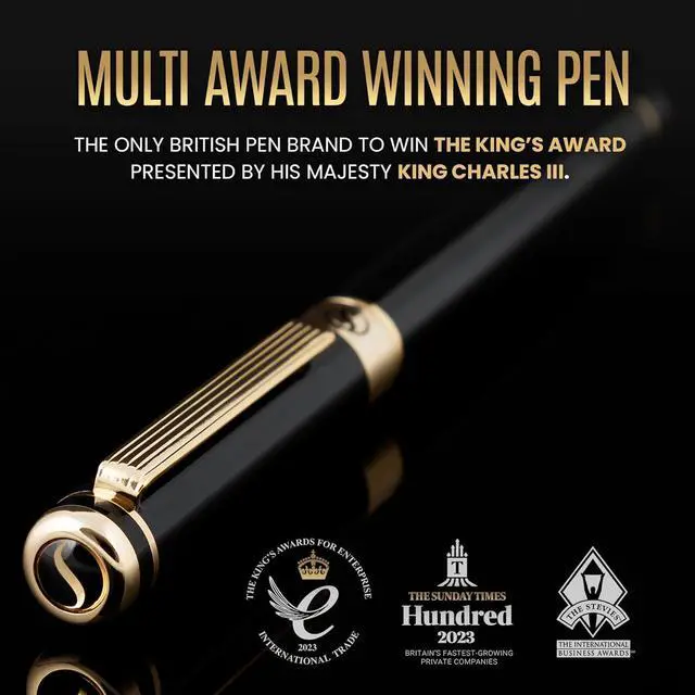 Alt view image 2 of 7 - Scriveiner Luxury Fountain Pen - Stunning Black Lacquer Pen, Real Gold Finish, Schmidt Gilded Nib (Fine), Converter, Best Pen Gift Set for Men & Women, Professional, Executive, Office, Nice Pens