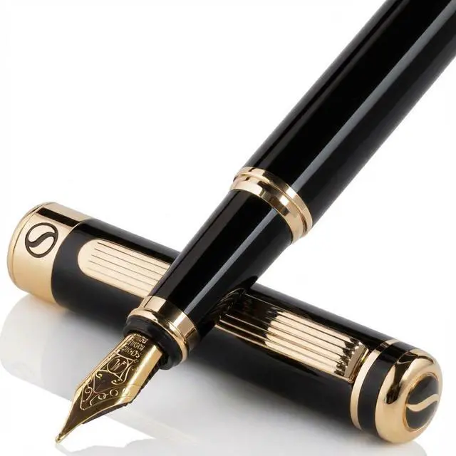 Main image of Scriveiner Luxury Fountain Pen - Stunning Black Lacquer Pen, Real Gold Finish, Schmidt Gilded Nib (Medium), Converter, Best Pen Gift Set for Men & Women, Professional, Executive, Office, Nice Pens