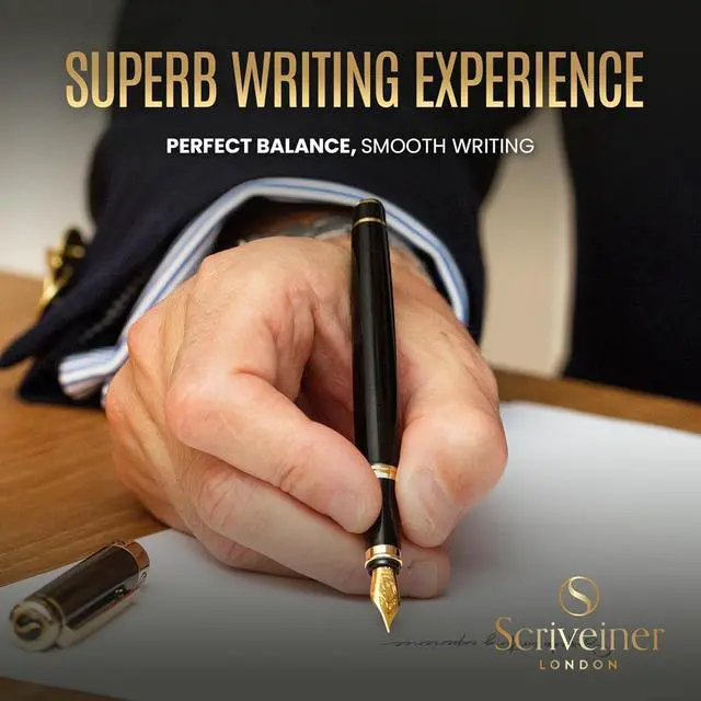 Alt view image 4 of 7 - Scriveiner Luxury Fountain Pen - Stunning Black Lacquer Pen, Real Gold Finish, Schmidt Gilded Nib (Fine), Converter, Best Pen Gift Set for Men & Women, Professional, Executive, Office, Nice Pens