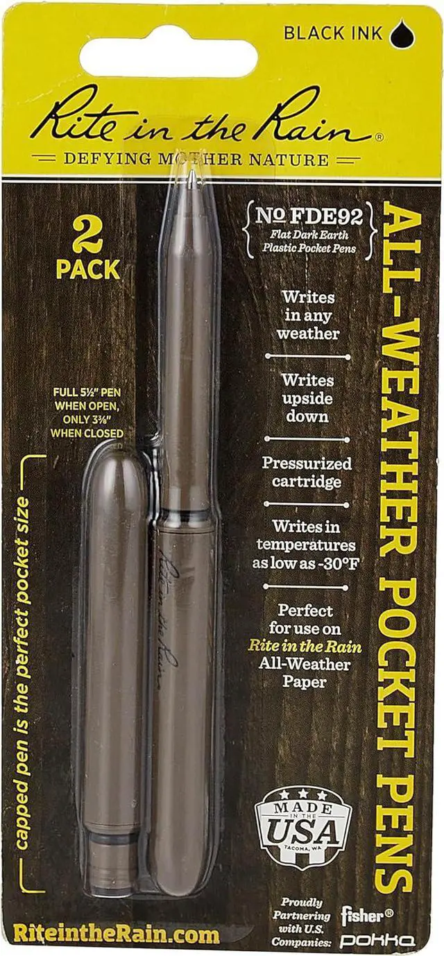 Alt view image 2 of 7 - Rite in the Rain All-Weather EDC Pen, Flat Dark Earth Pokka 2-Pack, Black 0.8mm Ink, Fine Point (No. FDE92)