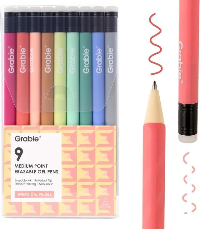 Main image of Grabie Erasable Gel Pens, Medium Point 0.7 mm Erasable Pens, Make Mistakes Disappear for Drawing Writing Planner, Pack of 9 Assorted Colors(Whimsical Whirls)