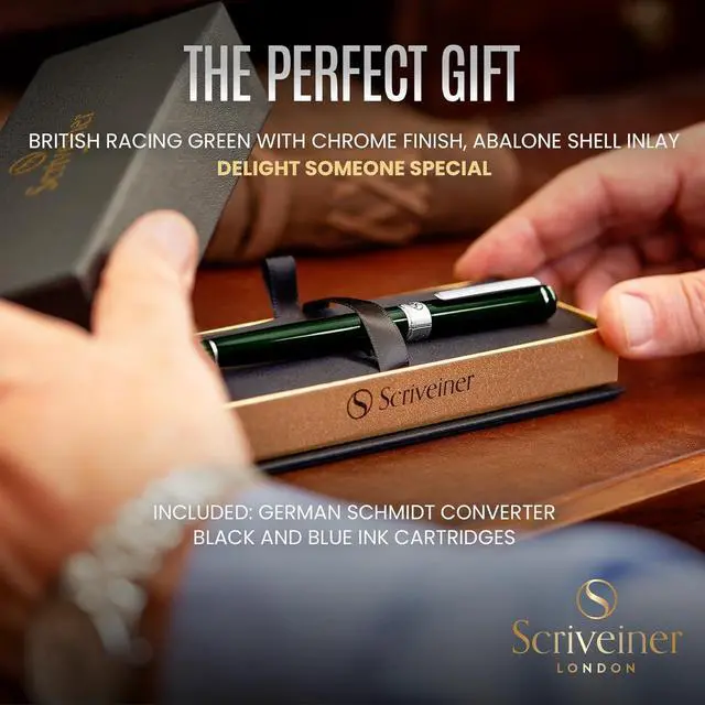 Alt view image 3 of 7 - Scriveiner British Racing Green Fountain Pen - Stunning Luxury Pen with Chrome Finish, Schmidt Nib (Fine), Best Pen Gift Set for Men & Women, Professional, Executive, Office, Nice Pens