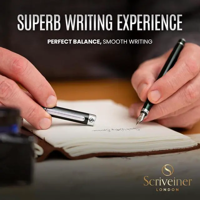 Alt view image 4 of 7 - Scriveiner British Racing Green Fountain Pen - Stunning Luxury Pen with Chrome Finish, Schmidt Nib (Fine), Best Pen Gift Set for Men & Women, Professional, Executive, Office, Nice Pens