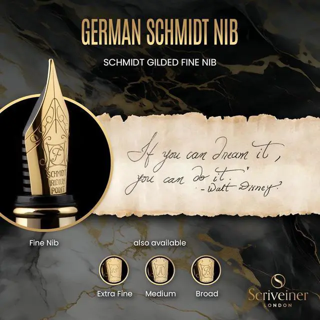 Alt view image 5 of 7 - Scriveiner Luxury Fountain Pen - Stunning Black Lacquer Pen, Real Gold Finish, Schmidt Gilded Nib (Fine), Converter, Best Pen Gift Set for Men & Women, Professional, Executive, Office, Nice Pens