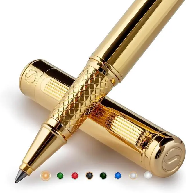Main image of Scriveiner Gold Rollerball Pen - Stunning Luxury Pen, Real Gold Plating, Schmidt Ink Refill, Best Roller Ball Pen Gift Set for Men & Women, Professional, Executive Office, Nice Pens