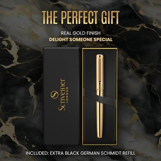 Alt view image 3 of 7 - Scriveiner Gold Rollerball Pen - Stunning Luxury Pen, Real Gold Plating, Schmidt Ink Refill, Best Roller Ball Pen Gift Set for Men & Women, Professional, Executive Office, Nice Pens