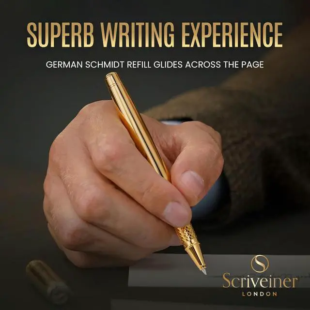 Alt view image 4 of 7 - Scriveiner Gold Rollerball Pen - Stunning Luxury Pen, Real Gold Plating, Schmidt Ink Refill, Best Roller Ball Pen Gift Set for Men & Women, Professional, Executive Office, Nice Pens