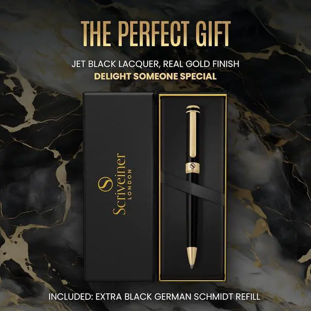 Alt view image 3 of 7 - Scriveiner Black Lacquer Ballpoint Pen -Stunning Luxury Pen, Real Gold Plating, Schmidt Black Refill, Best Gift Set for Men & Women, Professional Executive Office, Nice Fancy Designer Pens