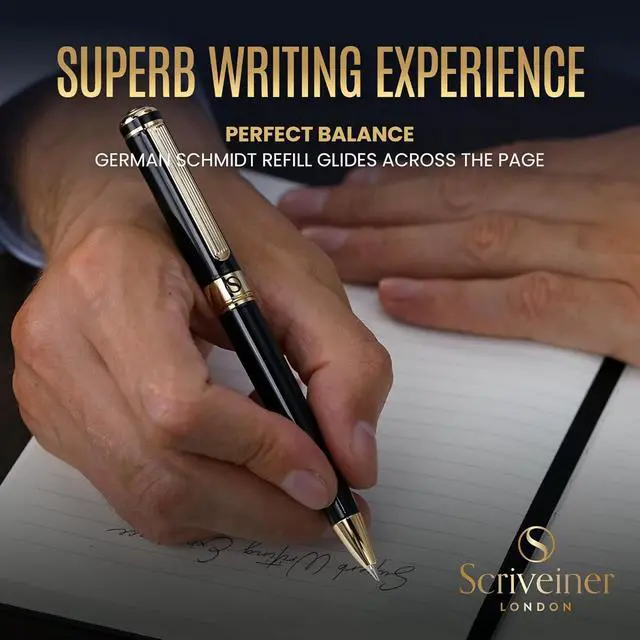 Alt view image 4 of 7 - Scriveiner Black Lacquer Ballpoint Pen -Stunning Luxury Pen, Real Gold Plating, Schmidt Black Refill, Best Gift Set for Men & Women, Professional Executive Office, Nice Fancy Designer Pens
