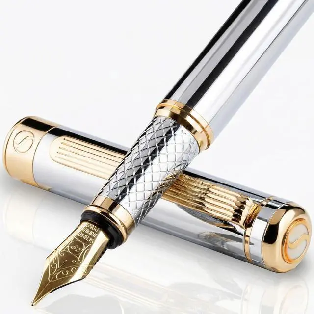 Main image of Scriveiner Silver Chrome Fountain Pen - Stunning Luxury Pen, Real Gold Finish, Schmidt Gilded Nib (Extra Fine), Best Gift Set for Men & Women Professional Executive Office Nice Designer Pen