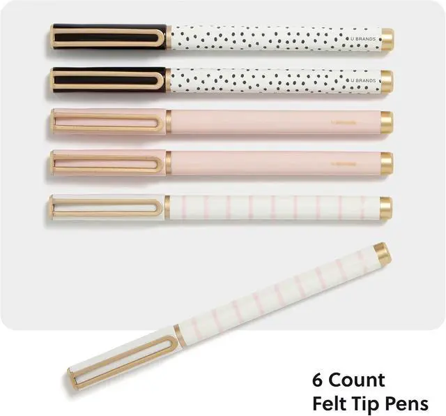 Alt view image 2 of 6 - U Brands Catalina Felt Tip Pens, Set of 6 Black Ink Pens, Dots and Stripes, Medium (0.7 mm) Point