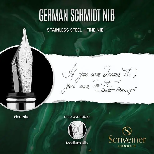 Alt view image 5 of 7 - Scriveiner British Racing Green Fountain Pen - Stunning Luxury Pen with Chrome Finish, Schmidt Nib (Fine), Best Pen Gift Set for Men & Women, Professional, Executive, Office, Nice Pens