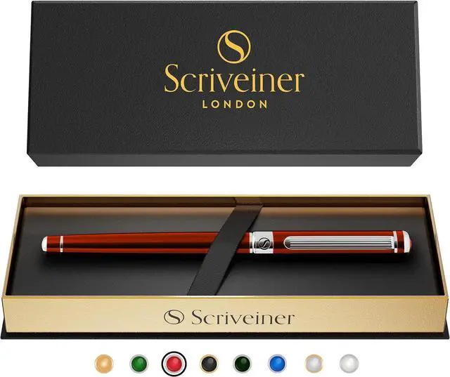 Main image of Scriveiner Deep Crimson Red Rollerball - Stunning Red Lacquer Luxury Pen with Chrome Finish, Schmidt Ink Refills, Roller Ball Pen Gift Set for Men & Women, Professional, Executive, Office, Nice Pens