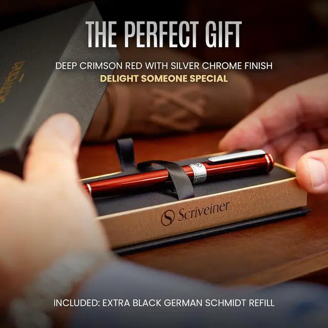 Alt view image 3 of 7 - Scriveiner Deep Crimson Red Rollerball - Stunning Red Lacquer Luxury Pen with Chrome Finish, Schmidt Ink Refills, Roller Ball Pen Gift Set for Men & Women, Professional, Executive, Office, Nice Pens