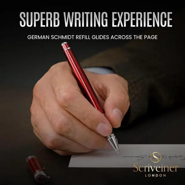 Alt view image 4 of 7 - Scriveiner Deep Crimson Red Rollerball - Stunning Red Lacquer Luxury Pen with Chrome Finish, Schmidt Ink Refills, Roller Ball Pen Gift Set for Men & Women, Professional, Executive, Office, Nice Pens