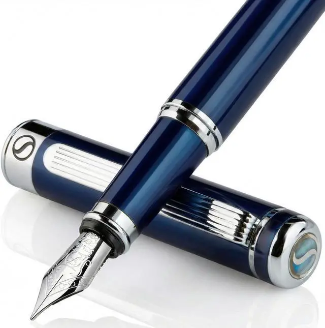 Main image of Scriveiner Midnight Blue Fountain Pen - Stunning Luxury Pen with Chrome Appointments, Schmidt Nib (Fine), Best Pen Gift Set for Men & Women, Professional, Executive, Office, Nice Pens