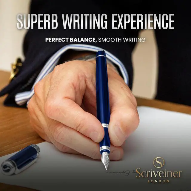 Alt view image 4 of 7 - Scriveiner Midnight Blue Fountain Pen - Stunning Luxury Pen with Chrome Appointments, Schmidt Nib (Fine), Best Pen Gift Set for Men & Women, Professional, Executive, Office, Nice Pens