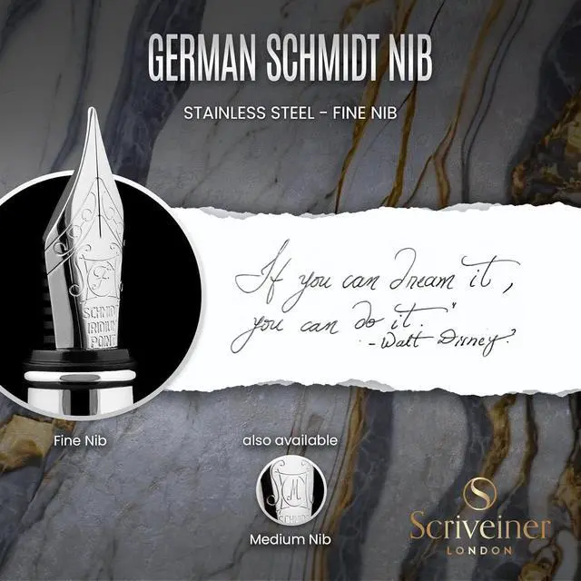 Alt view image 5 of 7 - Scriveiner Midnight Blue Fountain Pen - Stunning Luxury Pen with Chrome Appointments, Schmidt Nib (Fine), Best Pen Gift Set for Men & Women, Professional, Executive, Office, Nice Pens
