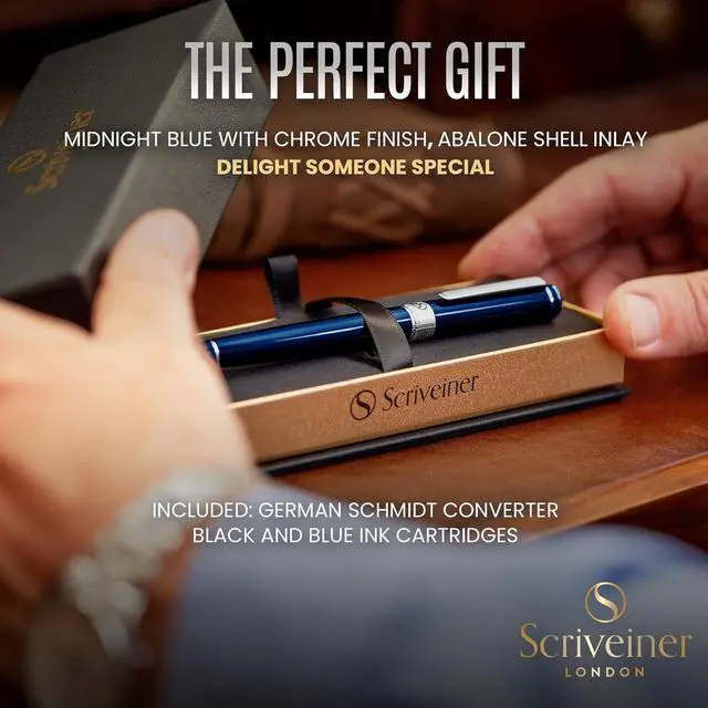 Alt view image 3 of 7 - Scriveiner Midnight Blue Fountain Pen - Stunning Luxury Pen with Chrome Appointments, Schmidt Nib (Fine), Best Pen Gift Set for Men & Women, Professional, Executive, Office, Nice Pens