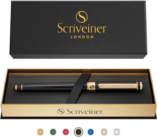 Main image of Scriveiner Black Lacquer Rollerball Pen - Stunning Luxury Pen, Real Gold Plating, Schmidt Ink Refill, Best Roller Ball Gift Set for Men & Women, Professional, Executive Office, Nice Pens