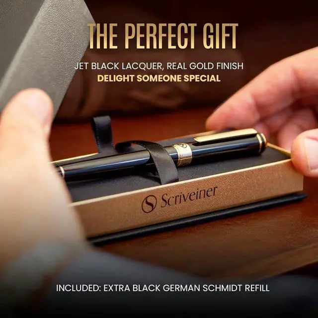 Alt view image 3 of 7 - Scriveiner Black Lacquer Rollerball Pen - Stunning Luxury Pen, Real Gold Plating, Schmidt Ink Refill, Best Roller Ball Gift Set for Men & Women, Professional, Executive Office, Nice Pens