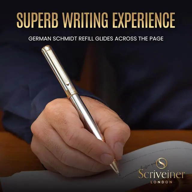 Alt view image 5 of 7 - Scriveiner Silver Chrome Rollerball Pen - Stunning Luxury Pen, Real Gold Plating, Schmidt Ink Refill, Best Roller Ball Pen Gift Set for Men & Women, Professional, Executive Office, Fancy Pens