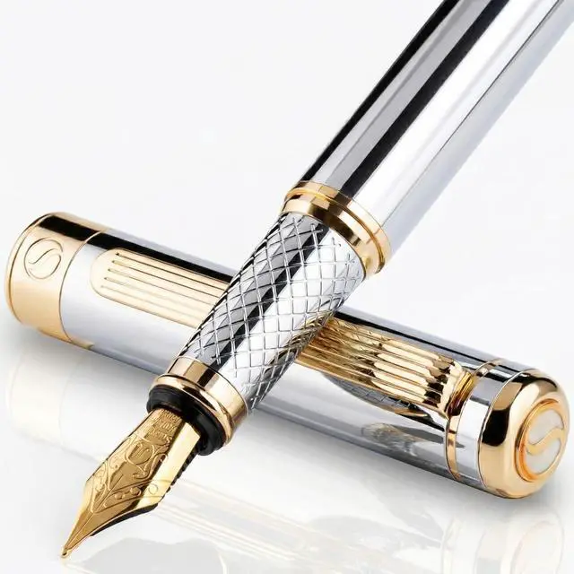 Main image of Scriveiner Silver Chrome Fountain Pen - Stunning Luxury Pen, Real Gold Finish, Schmidt Gilded Nib (Broad), Best Gift Set for Men & Women, Professional, Executive Office, Nice Designer Pens