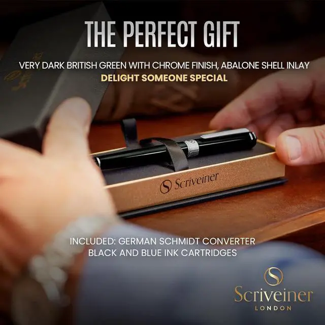 Alt view image 3 of 7 - Scriveiner Black Green Fountain Pen - Stunning Luxury Pen with Chrome Finish, Schmidt Nib (Fine), Best Pen Gift Set for Men & Women, Professional, Executive, Office, Nice Pens