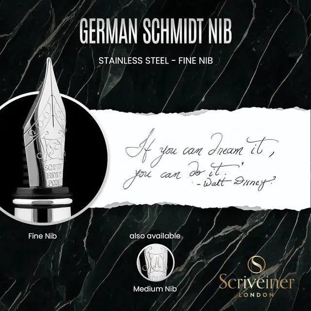 Alt view image 5 of 7 - Scriveiner Black Green Fountain Pen - Stunning Luxury Pen with Chrome Finish, Schmidt Nib (Fine), Best Pen Gift Set for Men & Women, Professional, Executive, Office, Nice Pens