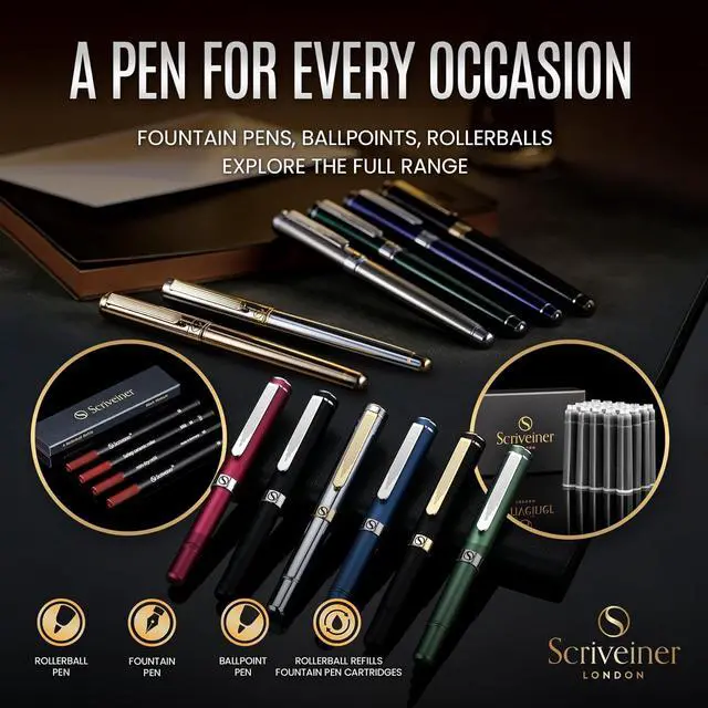 Alt view image 6 of 7 - Scriveiner Black Green Fountain Pen - Stunning Luxury Pen with Chrome Finish, Schmidt Nib (Fine), Best Pen Gift Set for Men & Women, Professional, Executive, Office, Nice Pens
