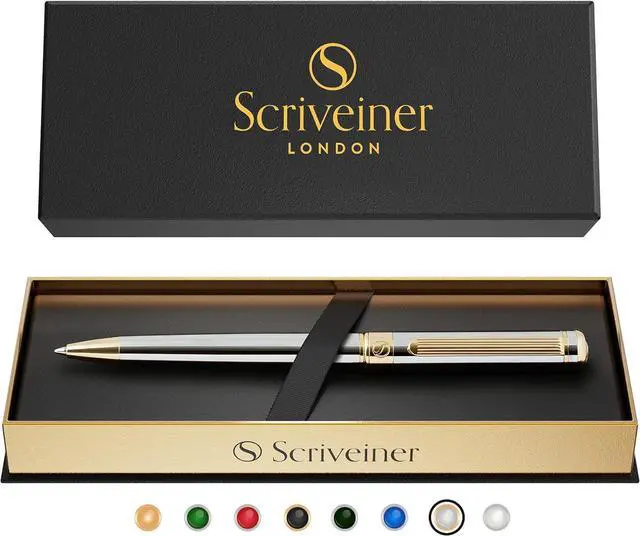 Main image of Scriveiner Silver Chrome Ballpoint Pen - Stunning Luxury Pen, Real Gold Plating, Schmidt Black Refill, Best Ball Pen Gift Set for Men & Women, Professional, Executive, Office, Nice, Fancy Pens