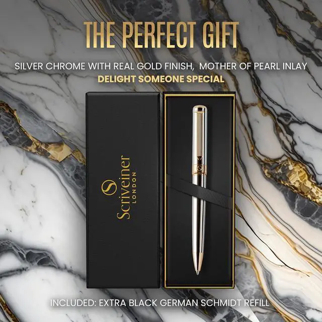 Alt view image 3 of 7 - Scriveiner Silver Chrome Ballpoint Pen - Stunning Luxury Pen, Real Gold Plating, Schmidt Black Refill, Best Ball Pen Gift Set for Men & Women, Professional, Executive, Office, Nice, Fancy Pens