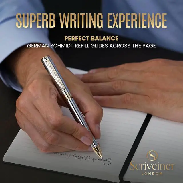 Alt view image 4 of 7 - Scriveiner Silver Chrome Ballpoint Pen - Stunning Luxury Pen, Real Gold Plating, Schmidt Black Refill, Best Ball Pen Gift Set for Men & Women, Professional, Executive, Office, Nice, Fancy Pens
