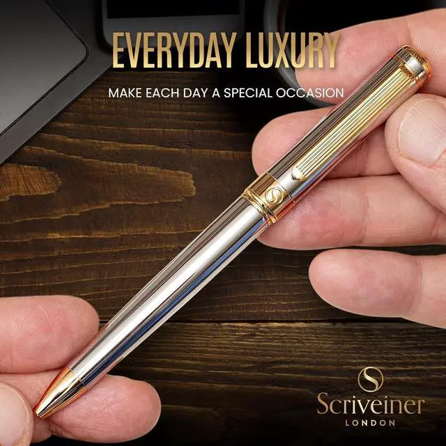 Alt view image 7 of 7 - Scriveiner Silver Chrome Ballpoint Pen - Stunning Luxury Pen, Real Gold Plating, Schmidt Black Refill, Best Ball Pen Gift Set for Men & Women, Professional, Executive, Office, Nice, Fancy Pens