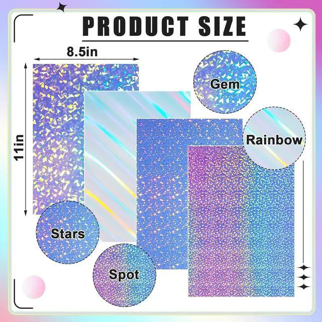 Alt view image 2 of 6 - 60 Sheets Printable Holographic Laminate Sheets Vinyl Sticker Paper Printable Holographic Sticker Paper for Inkjet/Laser Printer Waterproof with Gem Rainbow Spot Star Patterns 8.5 x 11"